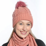 Beanie and scarf set with cables and detachable pompom
