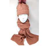 Beanie and scarf set with cables and detachable pompom