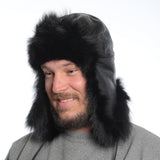Leather and black fox fur aviator hat