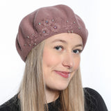 Beret with embroidered flowers and stones